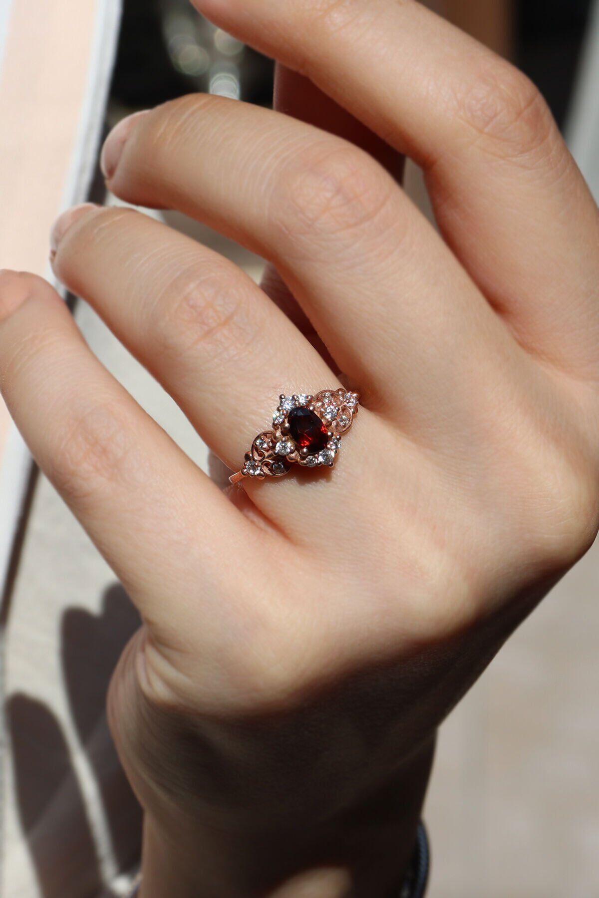 Vintage Garnet & Pırlanta Yüzük Rose Altın - 18