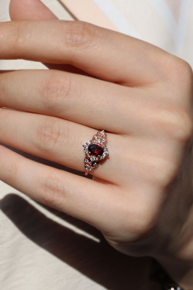 Vintage Garnet & Pırlanta Yüzük Sarı Altın - 19