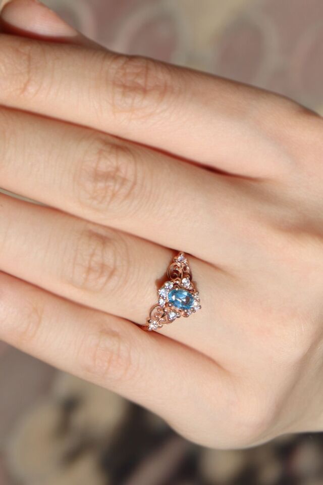 Vintage Aquamarine & Pırlanta Yüzük Rose Altın - 13 (Standart)